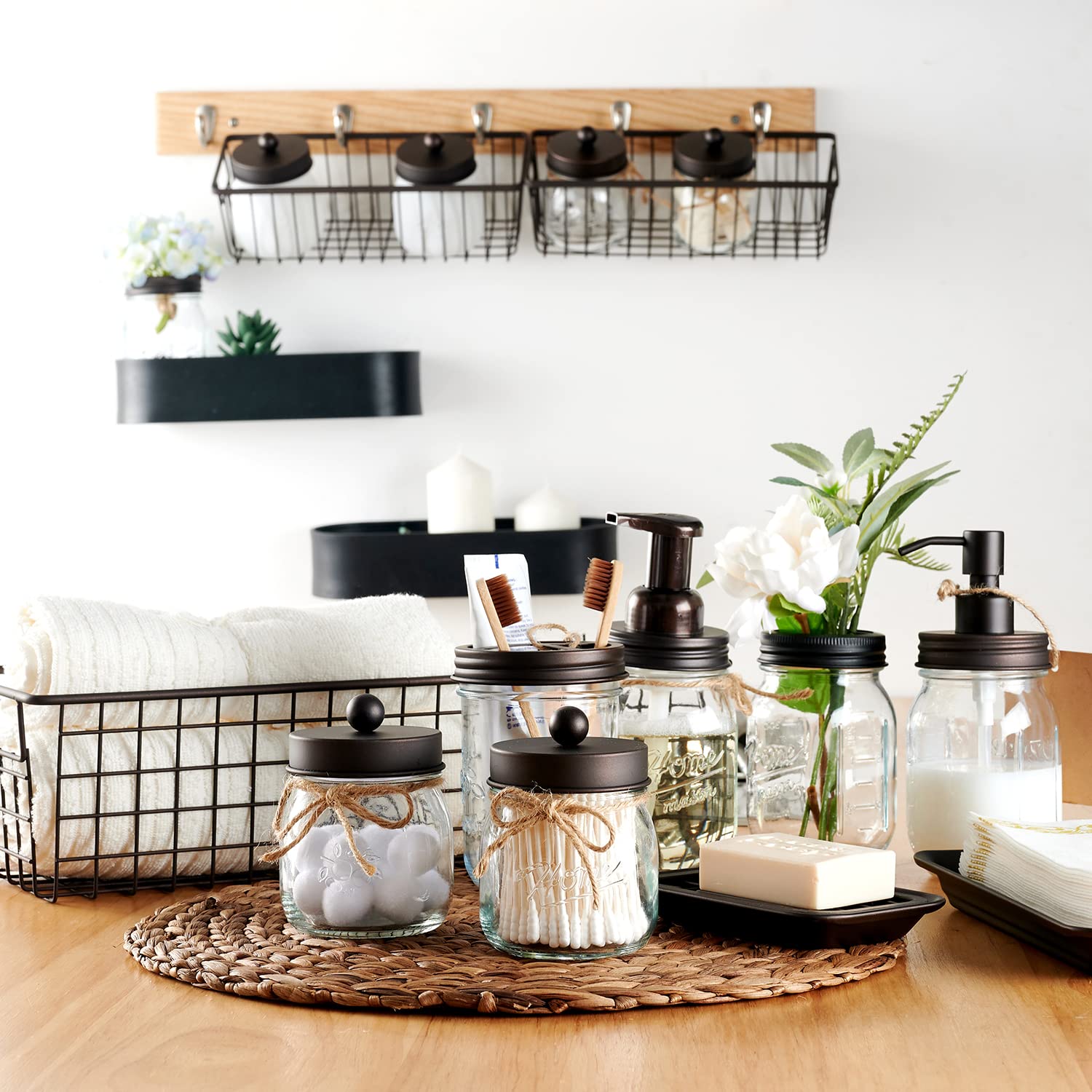 SheeChung apothecary jar stores cotton balls with rustic charm.