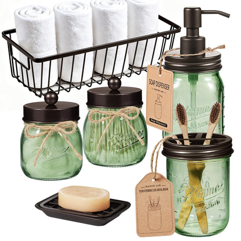 SheeChung Green Bathroom Set lotion dispenser with mason jar design for organized counters