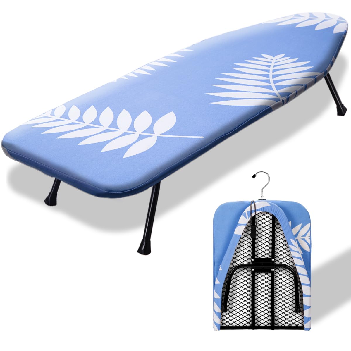 SheeChung mini ironing board with blue leaf foldable cover for compact spaces.