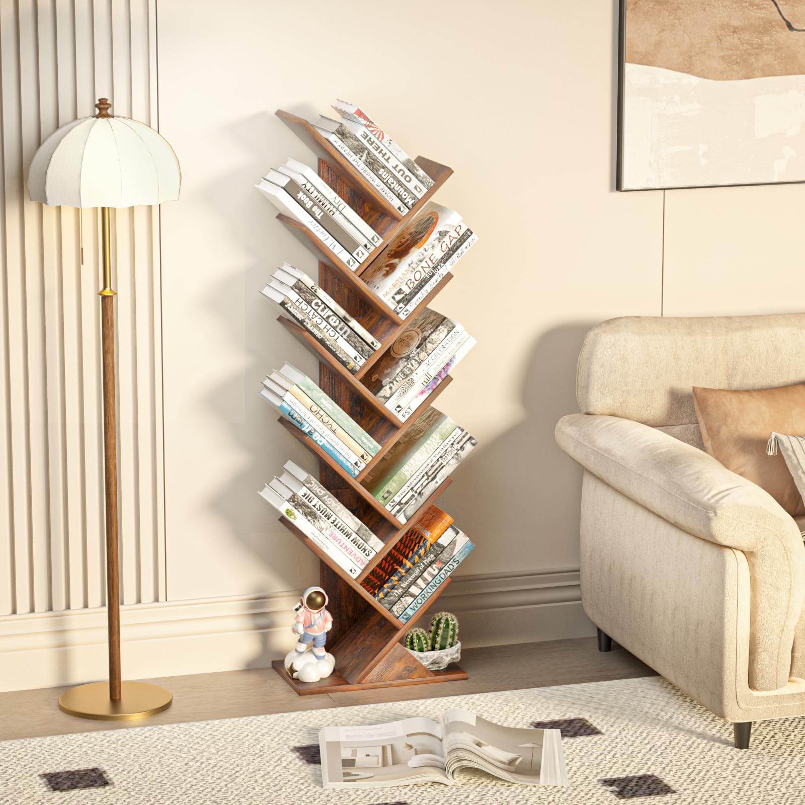 Sheepam 10-tier tree book shelf assembly image, easy setup with included tools