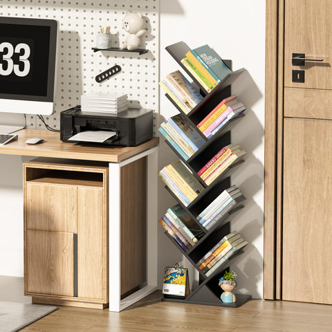 SHEEPAM 10-tier tree book shelf side view, slim footprint fits corners