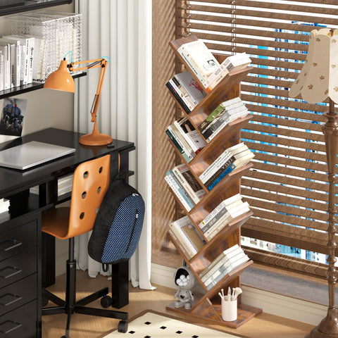 Sheepam 10-tier tree book shelf side view, compact footprint for narrow spaces