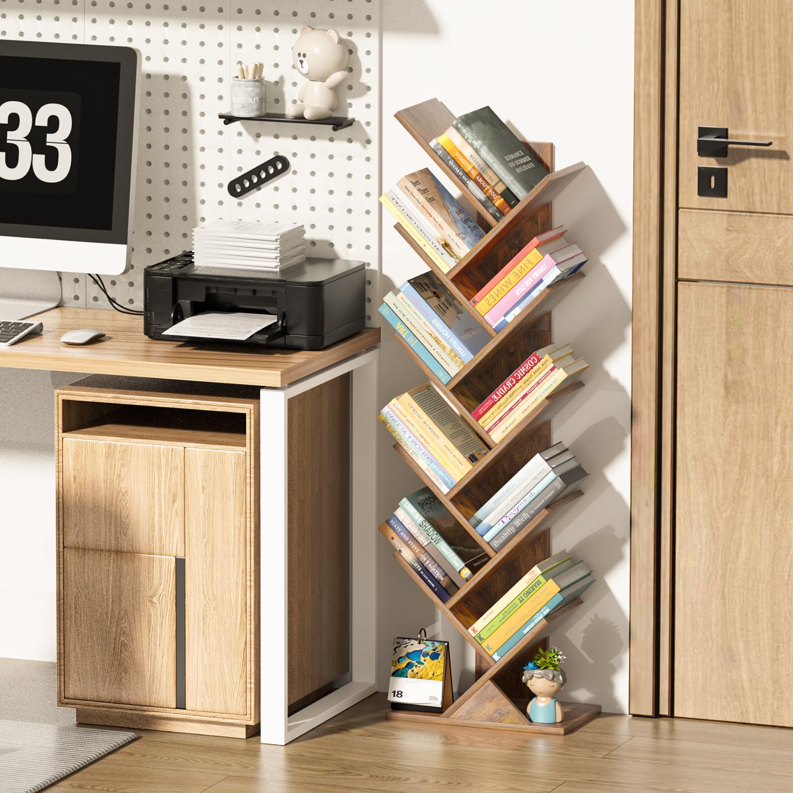 Sheepam 10-tier tree book shelf stacked books demonstrating display capacity