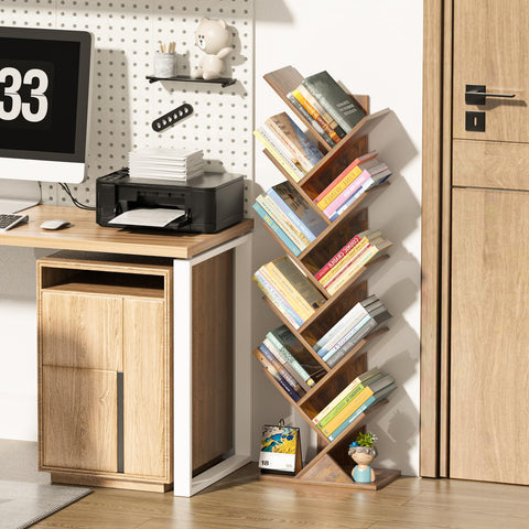 Sheepam 10-tier tree book shelf stacked books demonstrating display capacity