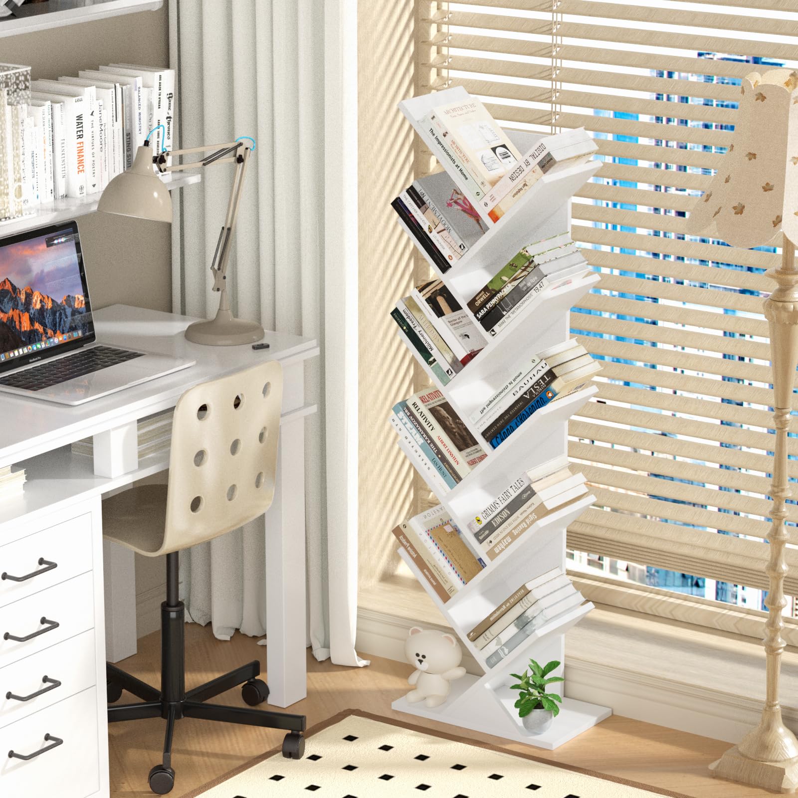 SHEEPAM white tree shelf fits corner for compact living room storage.