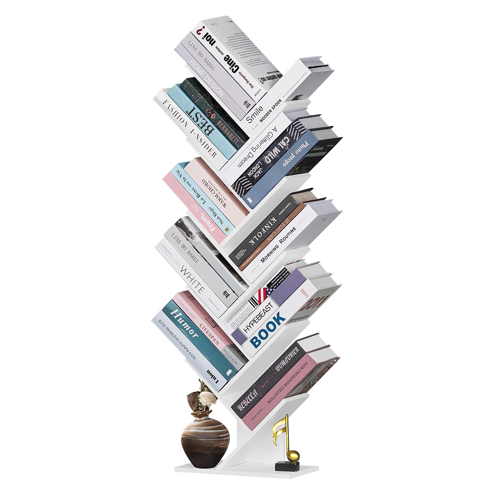 SHEEPAM white tree bookshelf complements minimalist European decor.