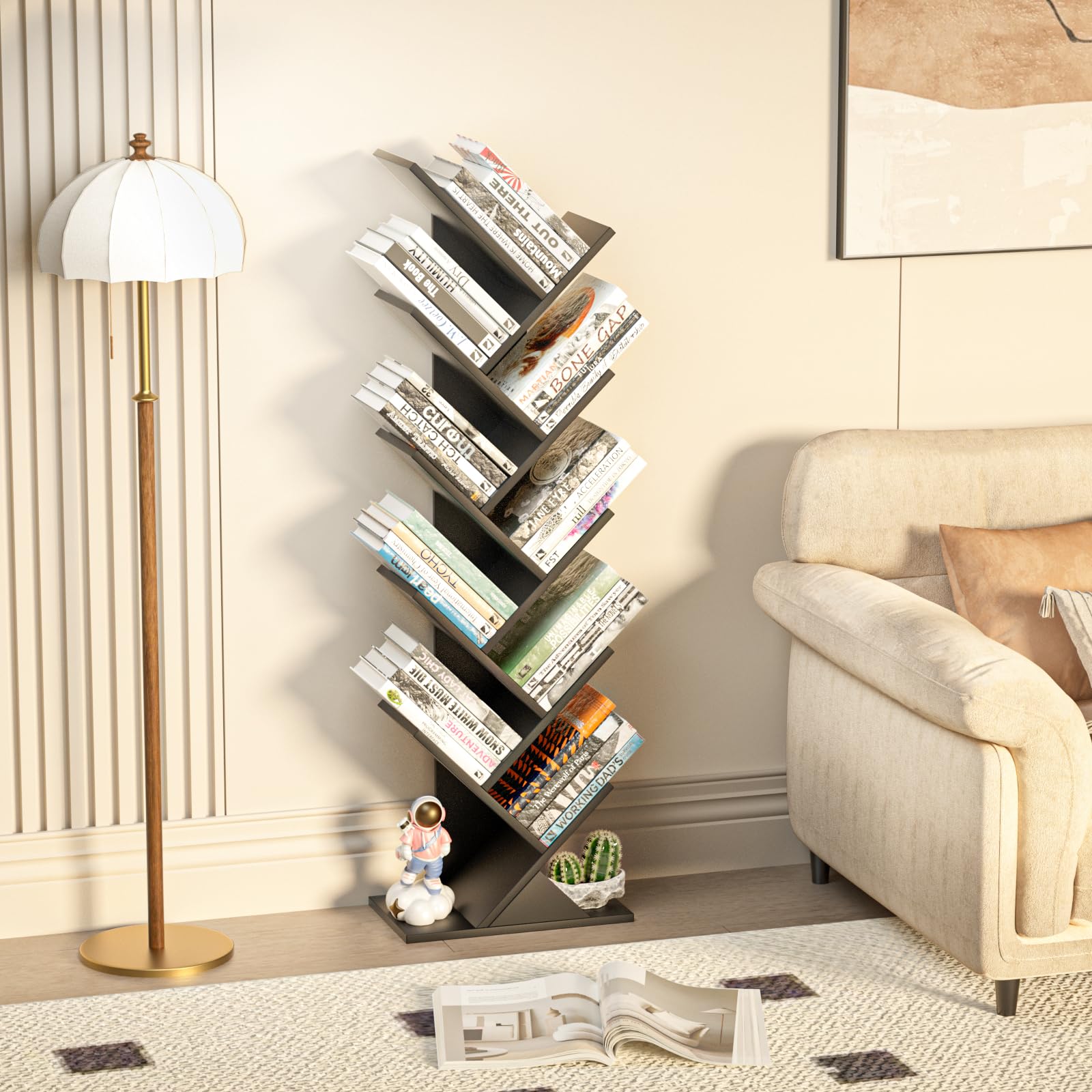SHEEPAM tree book shelf in living room setup with books and decor