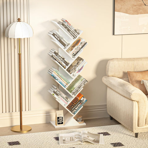 SHEEPAM wooden ten-shelf bookcase provides tidy space for CDs and magazines.