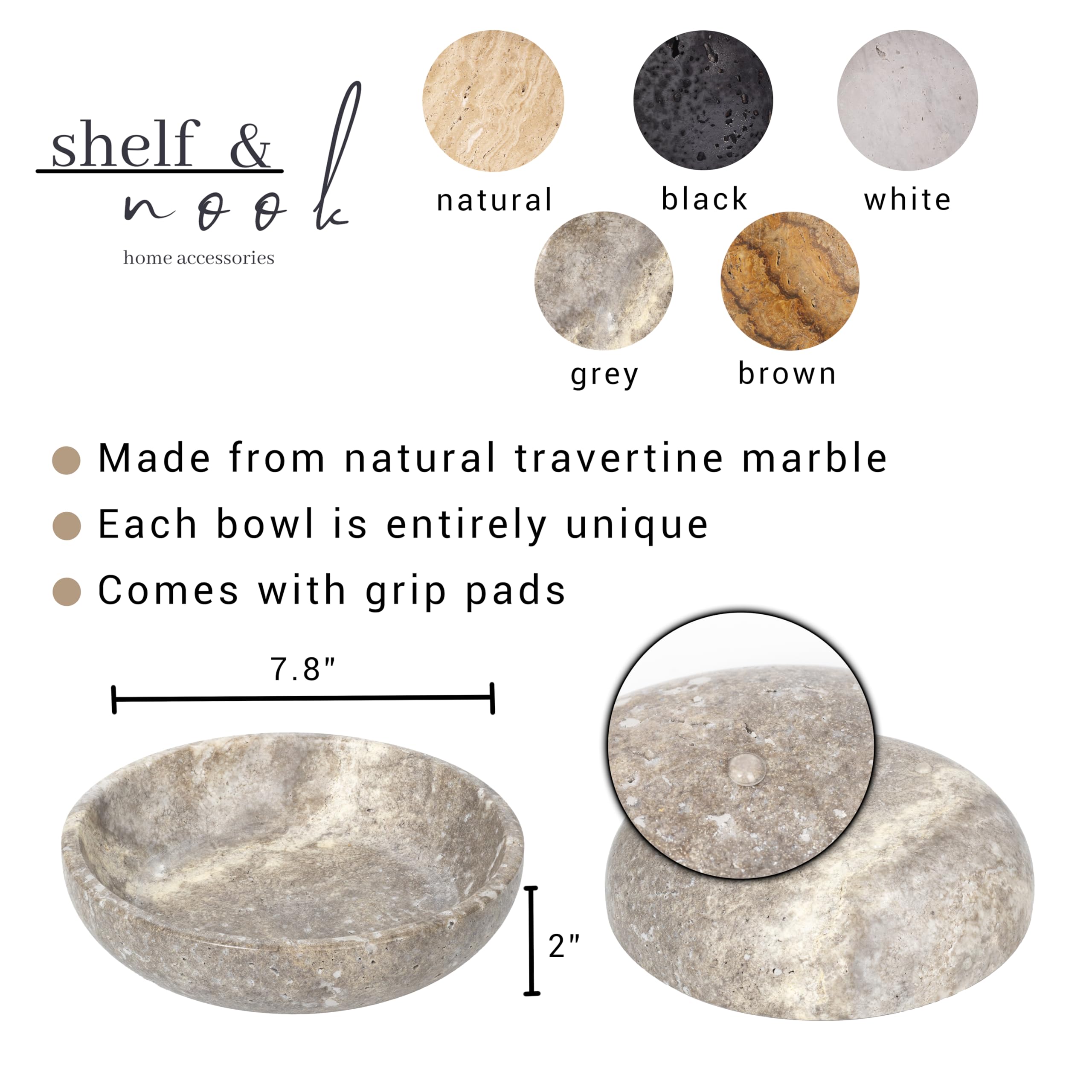 Shelf & Nook travertine bowl bedroom jewelry dish keeps rings and watches accessible.