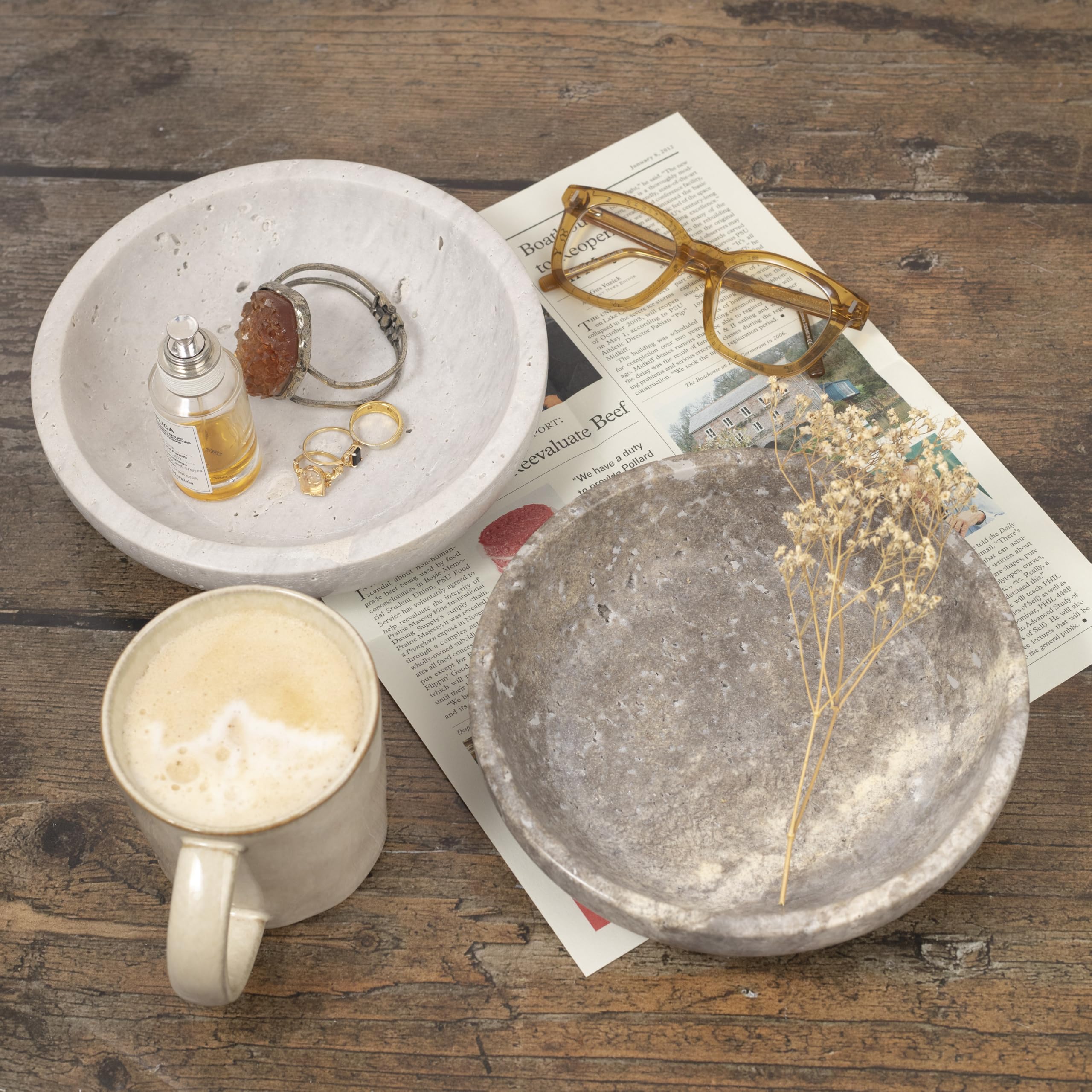 Shelf & Nook travertine bowl entryway coins tray keeps keys organized.