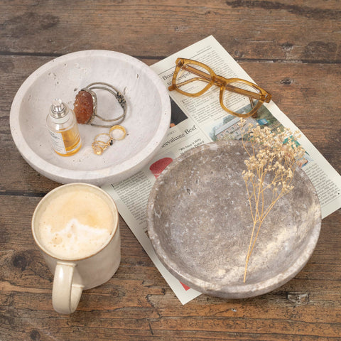 Shelf & Nook travertine bowl entryway coins tray keeps keys organized.