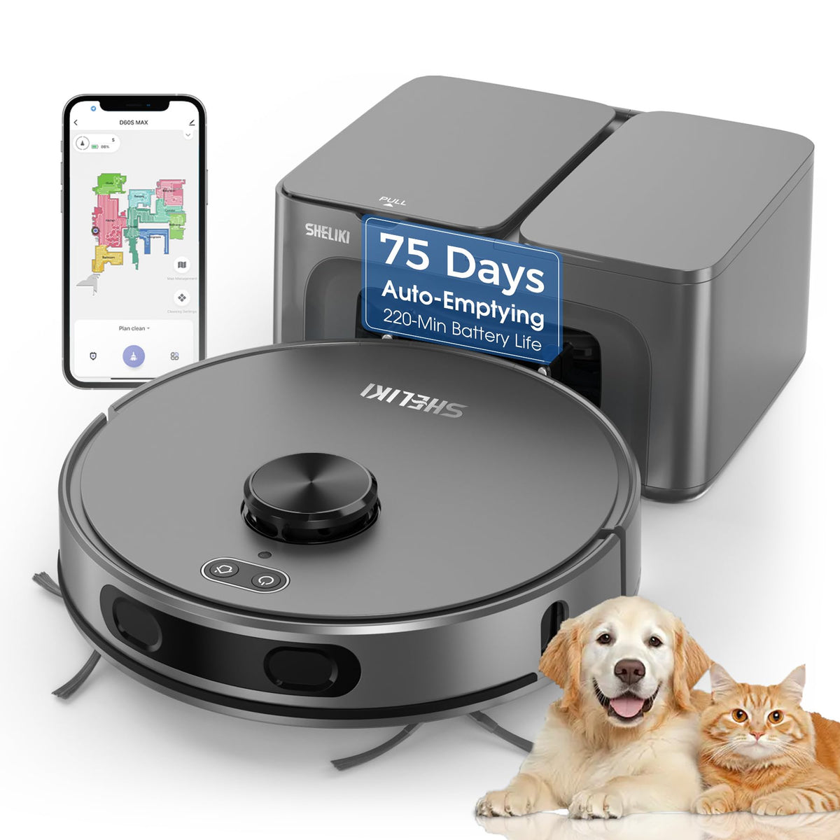 SHELIKI robot vacuum with self-emptying base keeps hands clean and maintenance minimal.