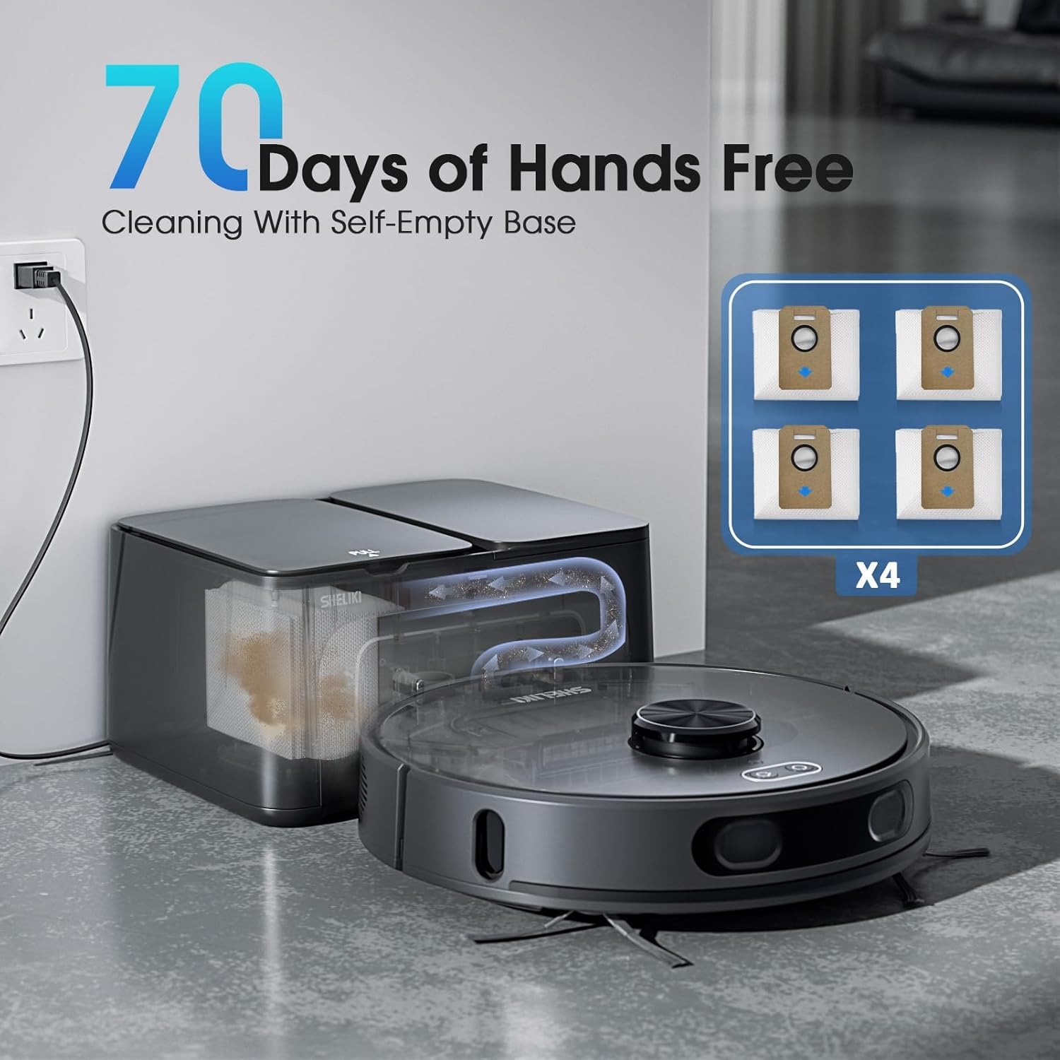 SHELIQI self-emptying base enables hands-free maintenance between cleans.