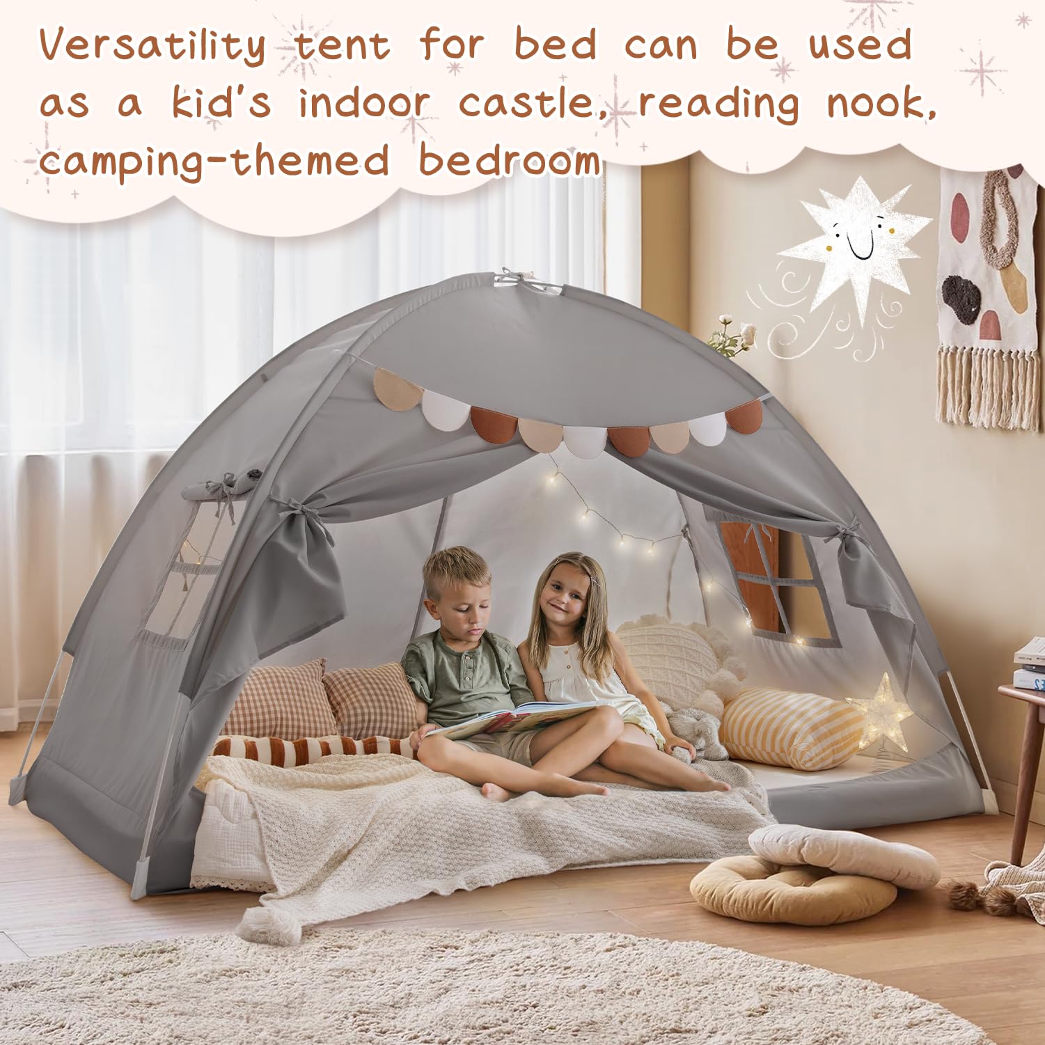 Sherilyn bed tent pennant banners add decorative charm.