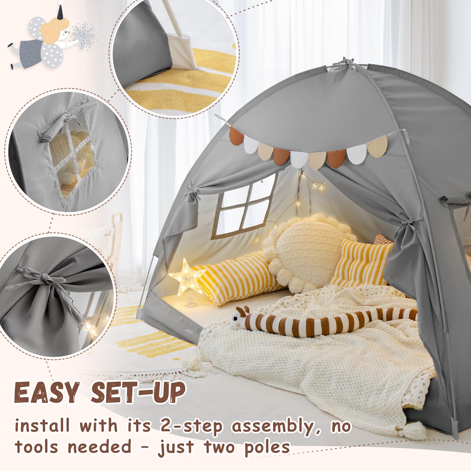 Sherilyn bed tent spacious interior for kid play and imagination.