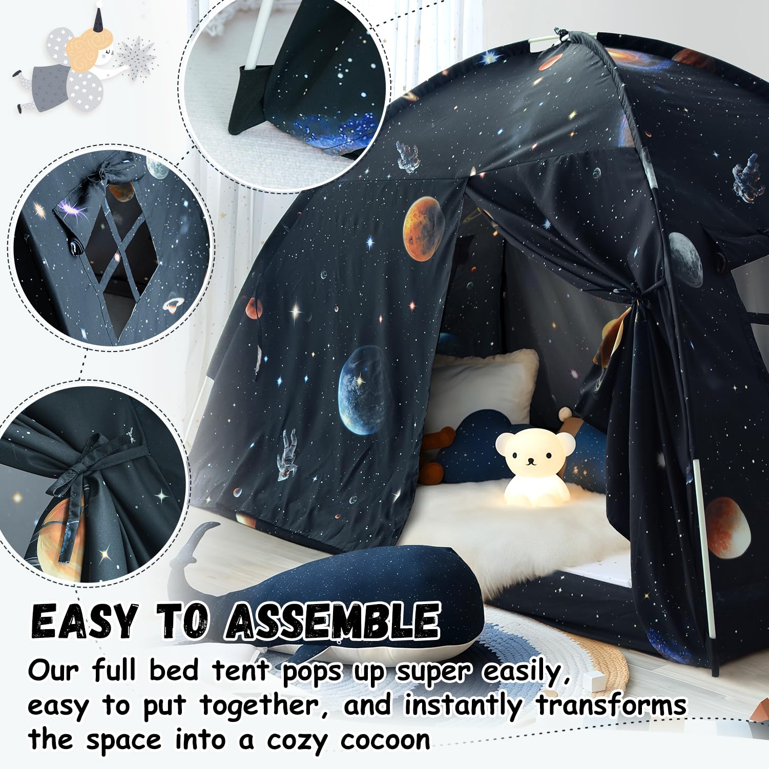 Sherilyn Galaxy Tent full-size fit accommodates a mattress securely and comfortably
