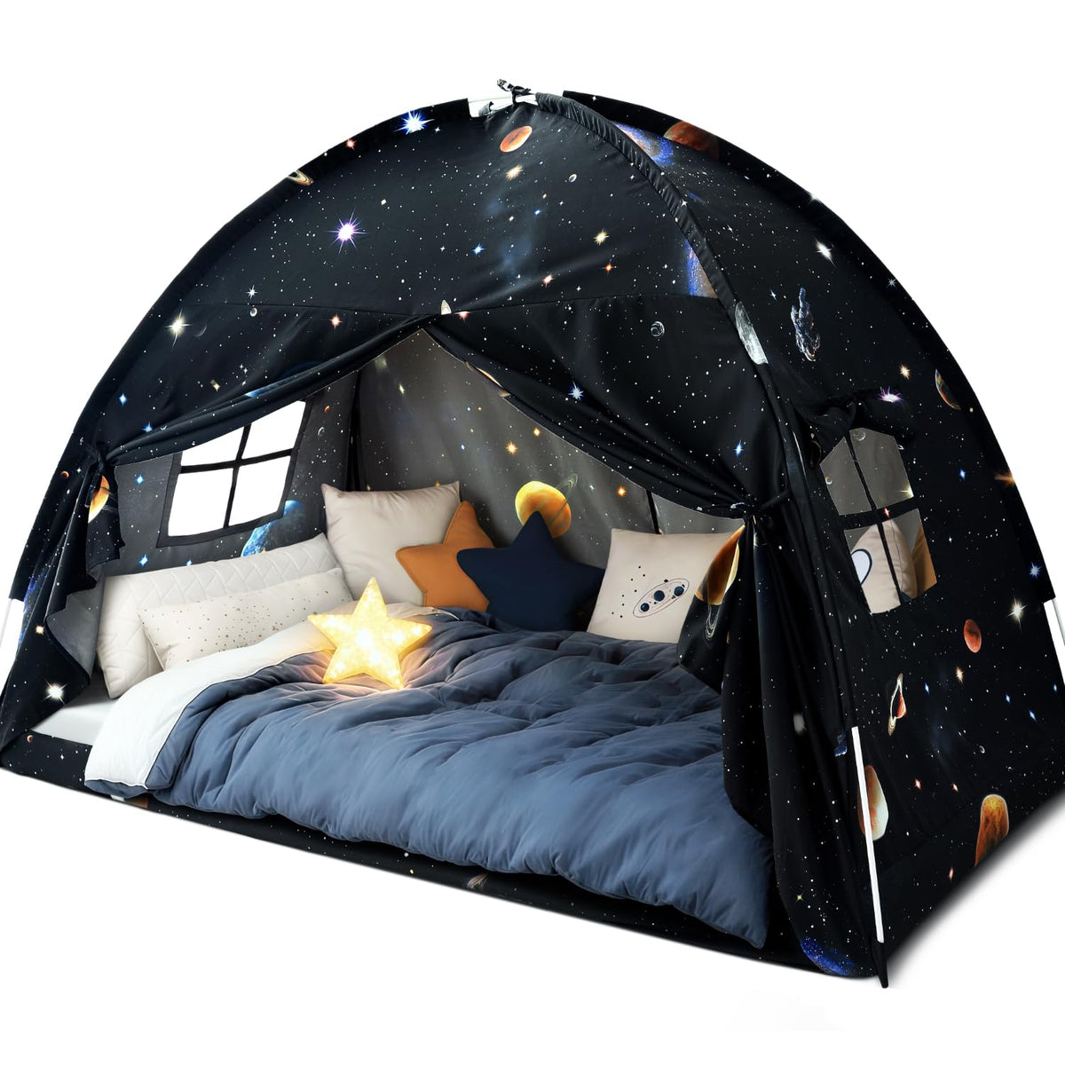Sherilyn Galaxy Tent for twin beds offers private space for imaginative play.
