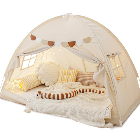 Sherilyn twin bed canopy tent on bed offers cozy private space for kids.