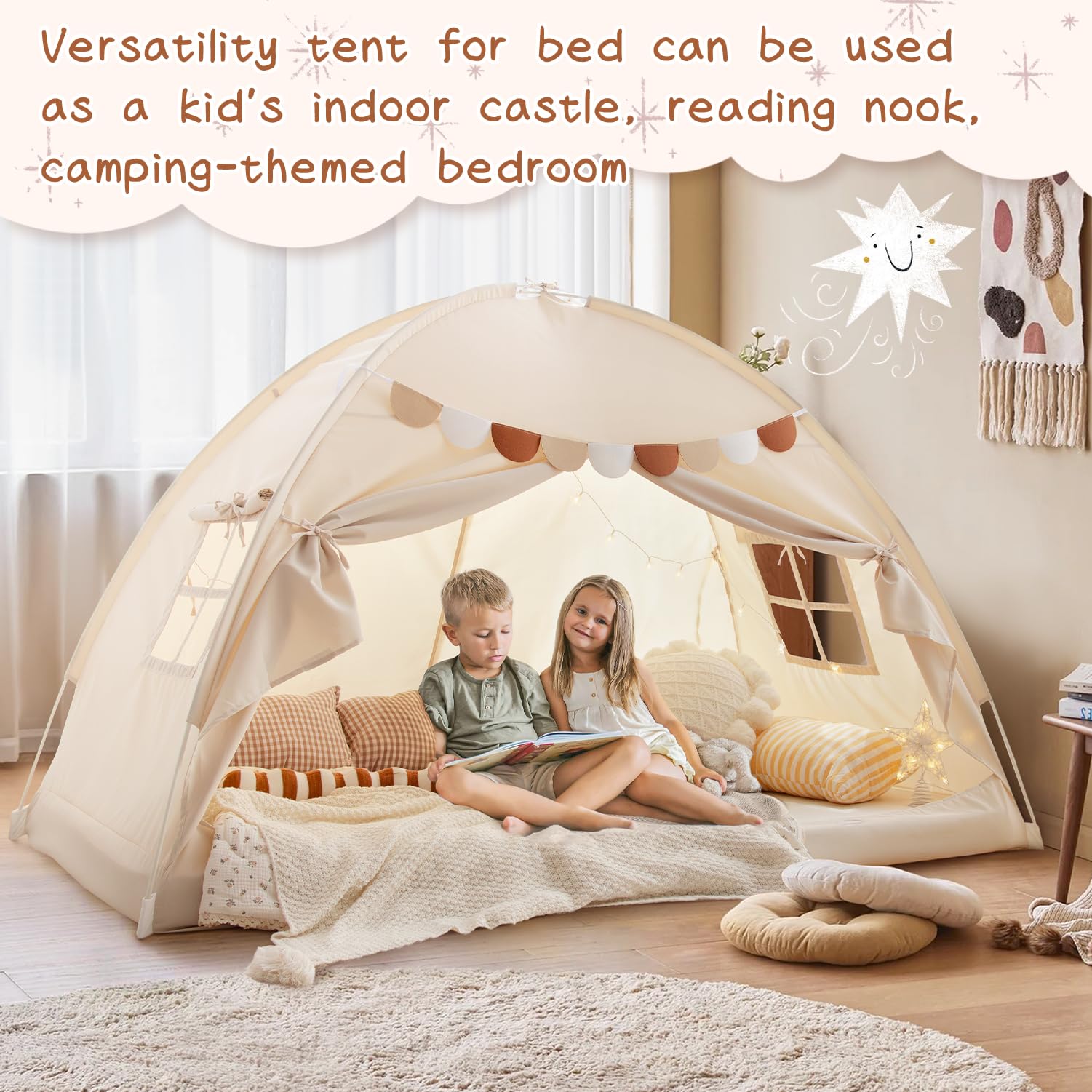 Sherilyn tent includes pennant banners for fun room decor.
