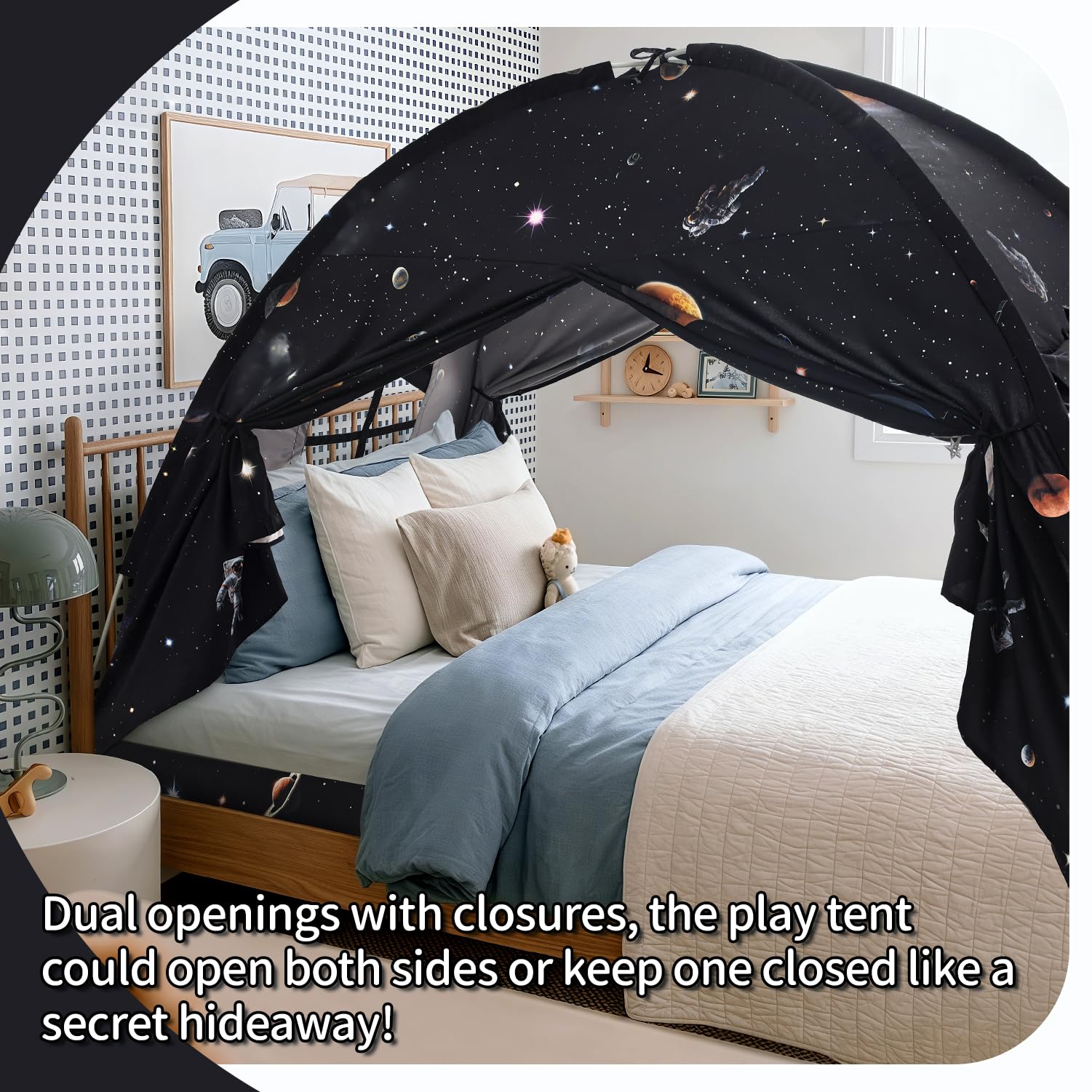 Sherilyn twin bed canopy with two doors and windows for airflow.