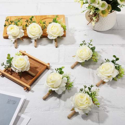 Sherr artificial rose boutonniere white detail, durable design for festive occasions.