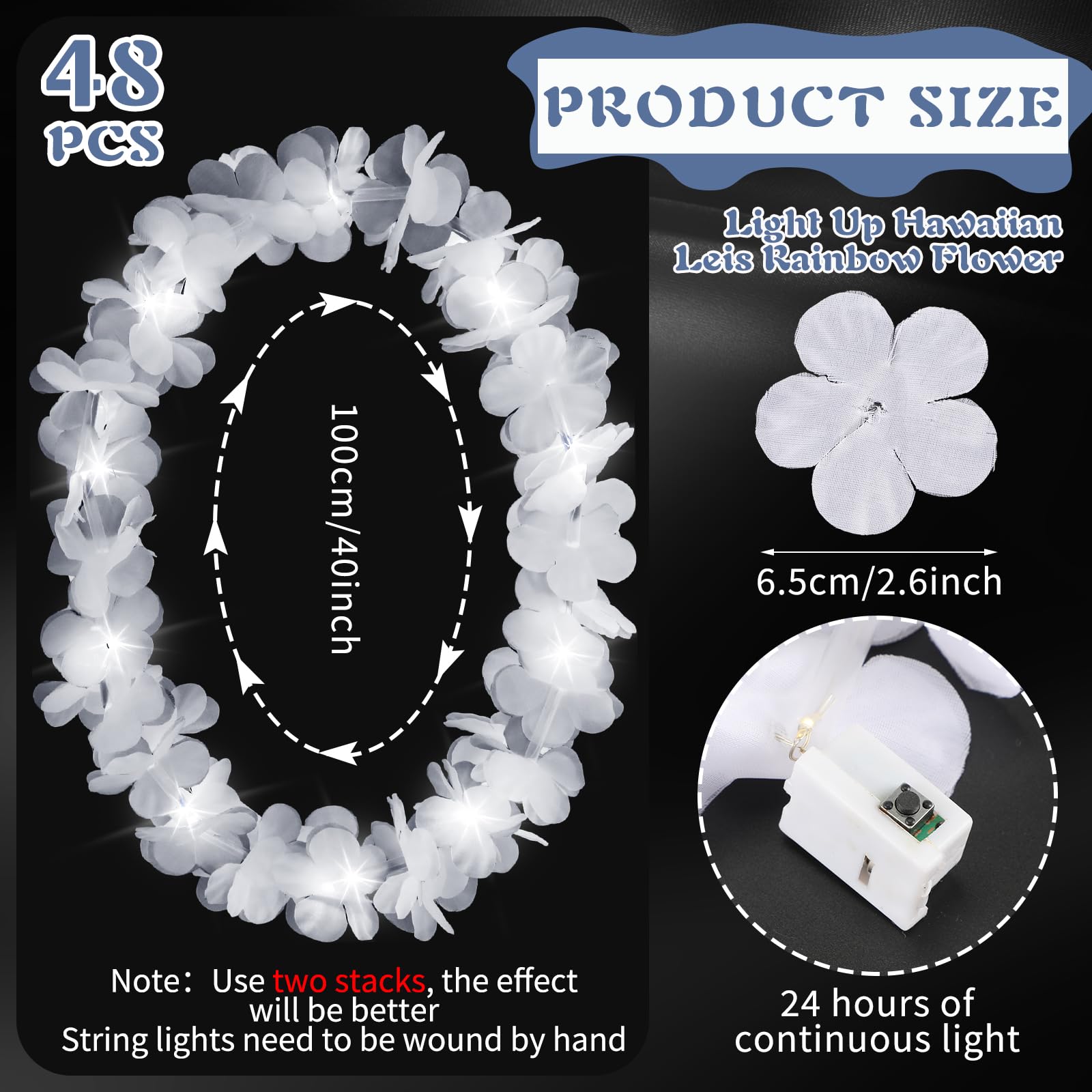 Sherr closeup of white LED lei highlighting flower details