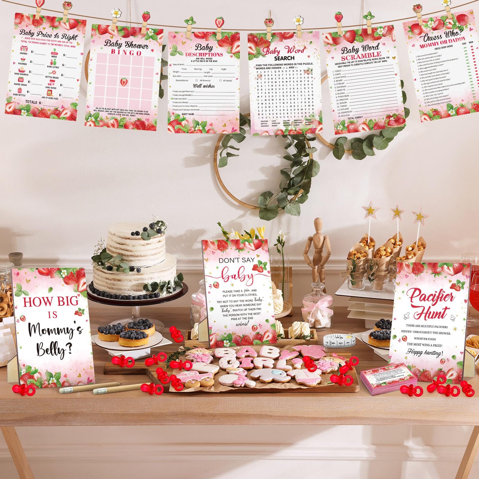 Sherr pacifier hunt sign and 50 acrylic pacifiers encourage interactive play.