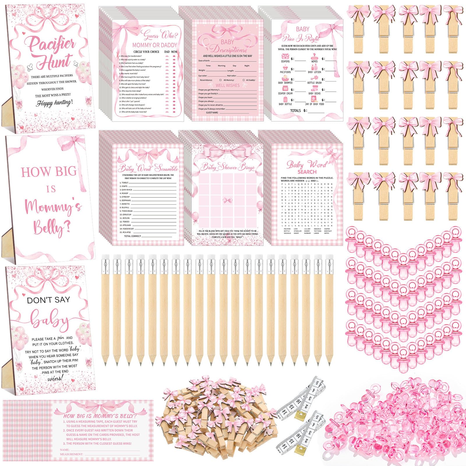 Sherr pink bow games cards set for playful baby shower entertainment