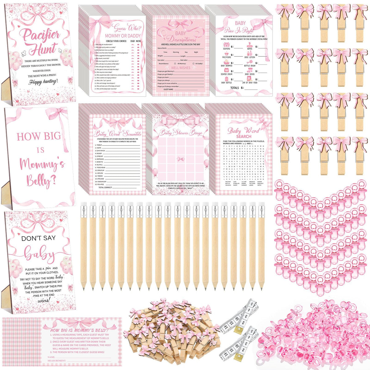 Sherr pink bow games cards set for playful baby shower entertainment