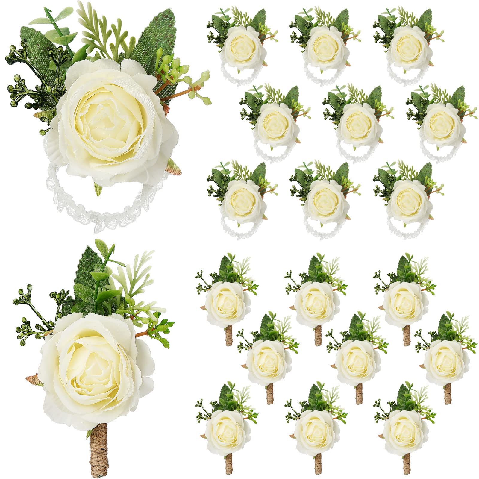 Sherr rose wrist corsage white, close-up shows elegant wedding accessory for guests.