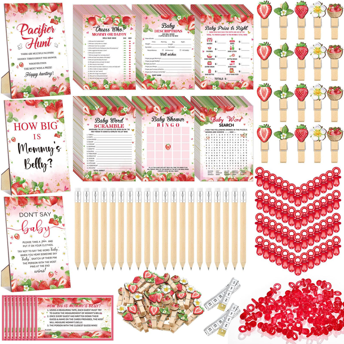 Sherr strawberry baby shower games package ready to spark party fun.