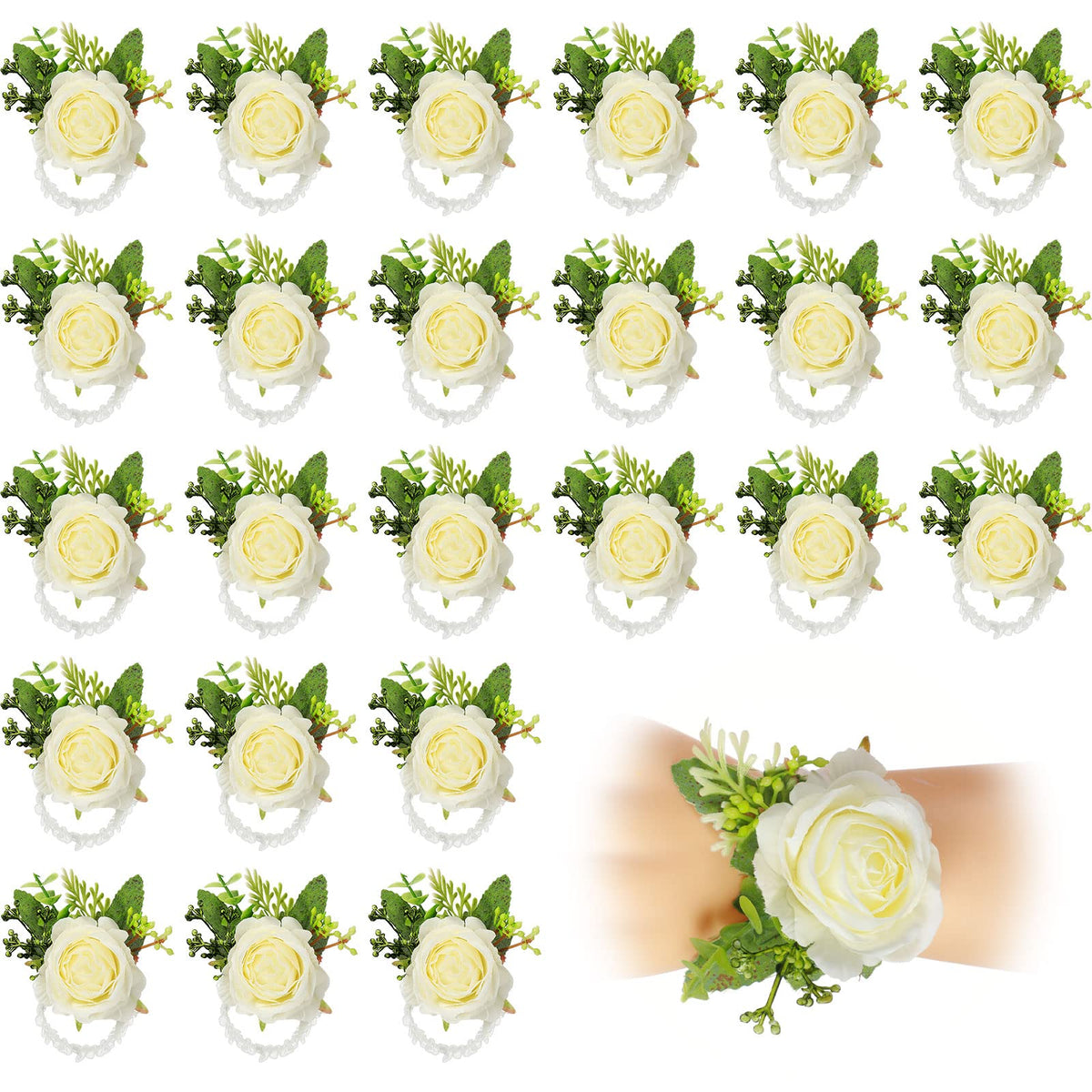Sherr wrist corsage white silk roses set, perfect for bridesmaids and formal events