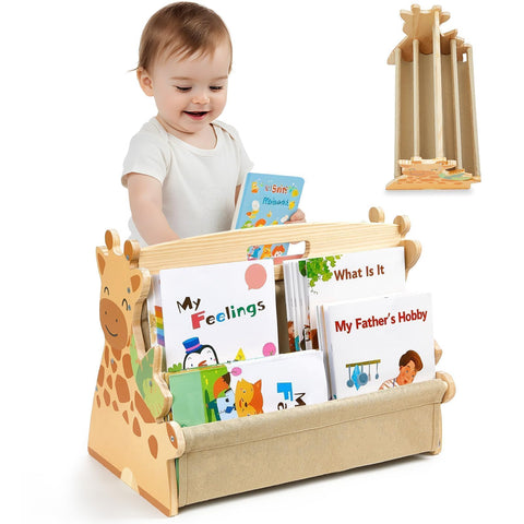 SheSeek toddler bookshelf double-sided with four deep sleeves for easy, organized book access.