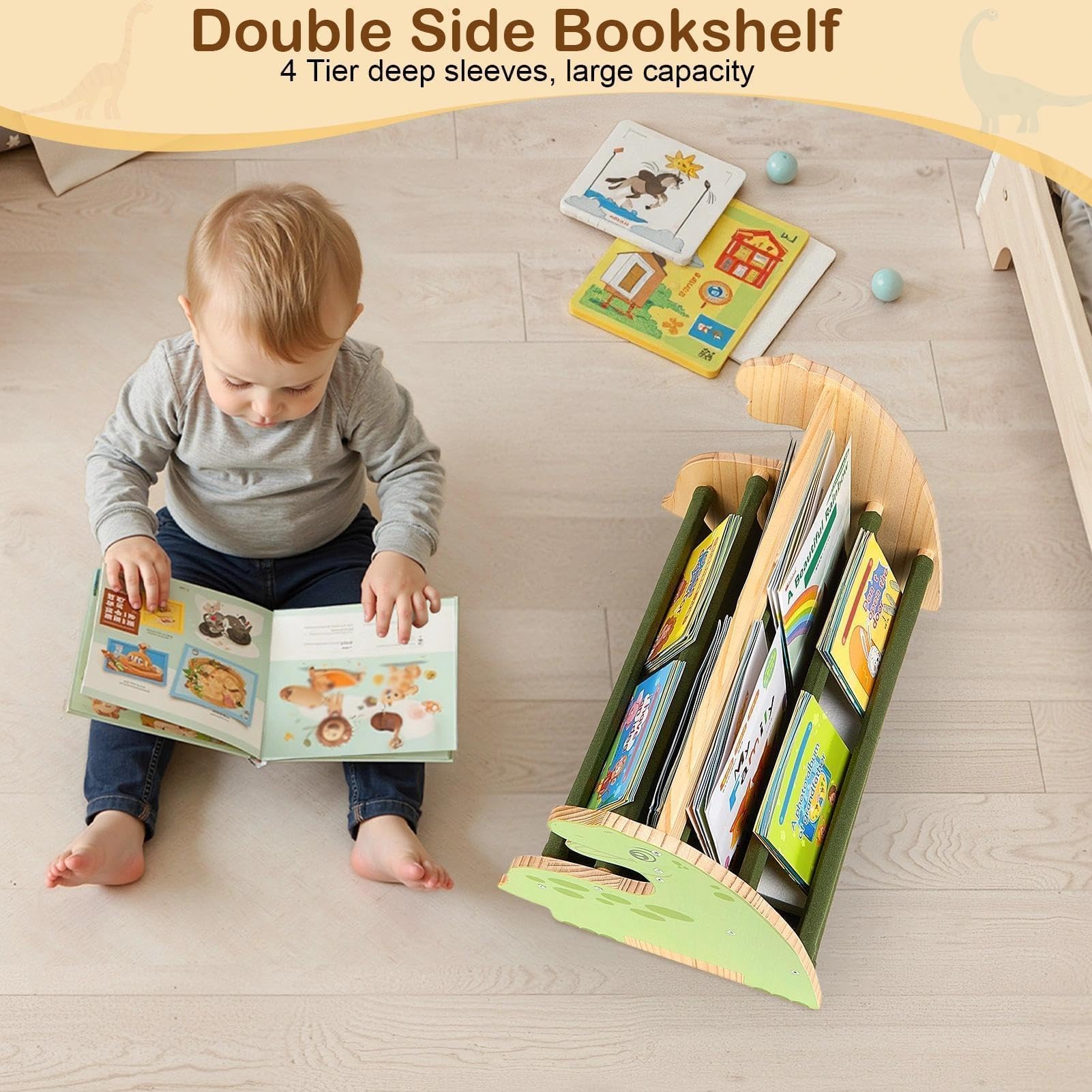SheSeek green dinosaur finish brightens a kid-friendly reading corner.