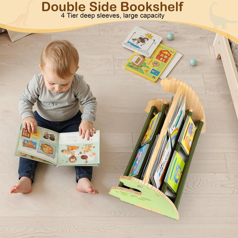 SheSeek green dinosaur finish brightens a kid-friendly reading corner.