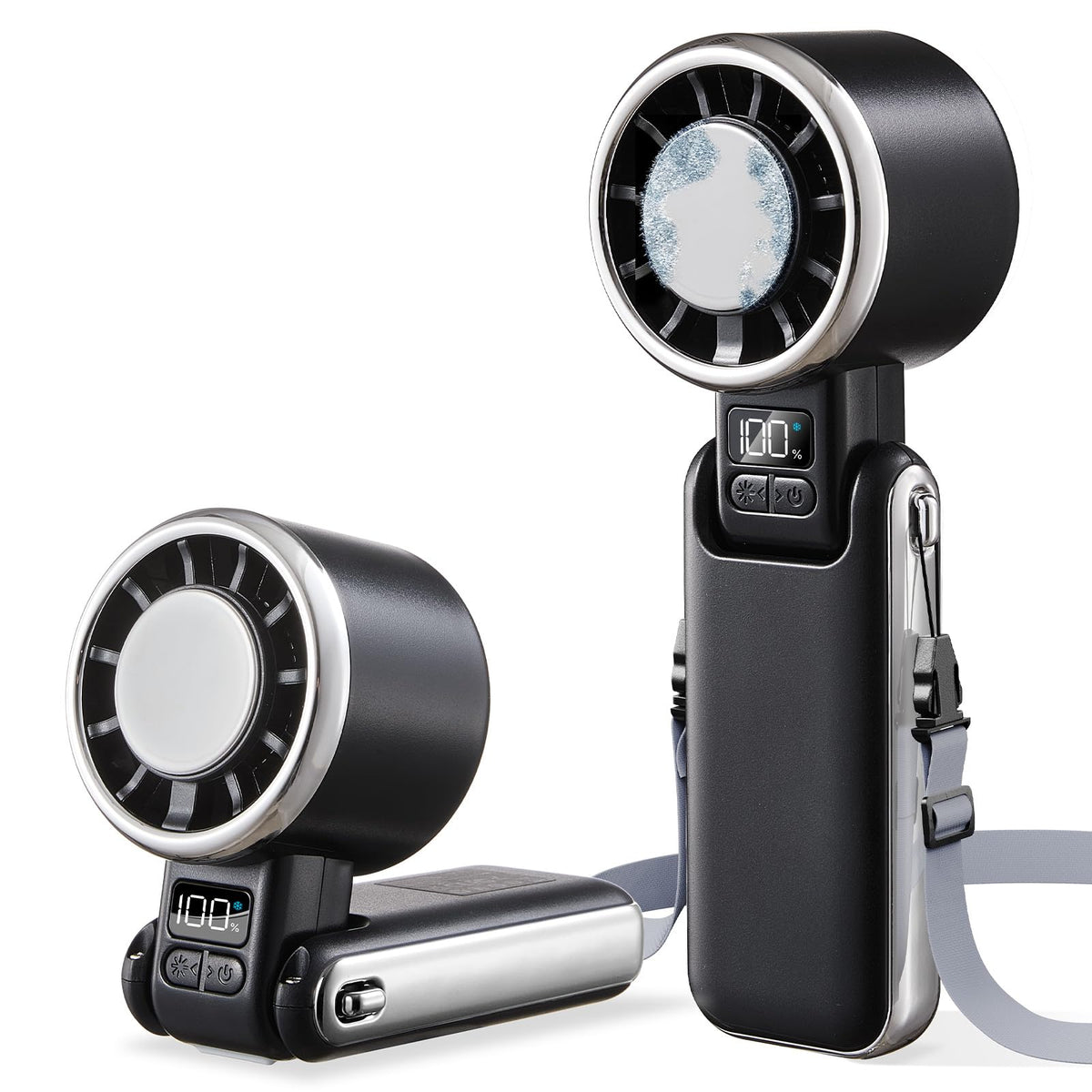 SHEWIND portable handheld fan with ice cooling delivers instant face and neck relief.