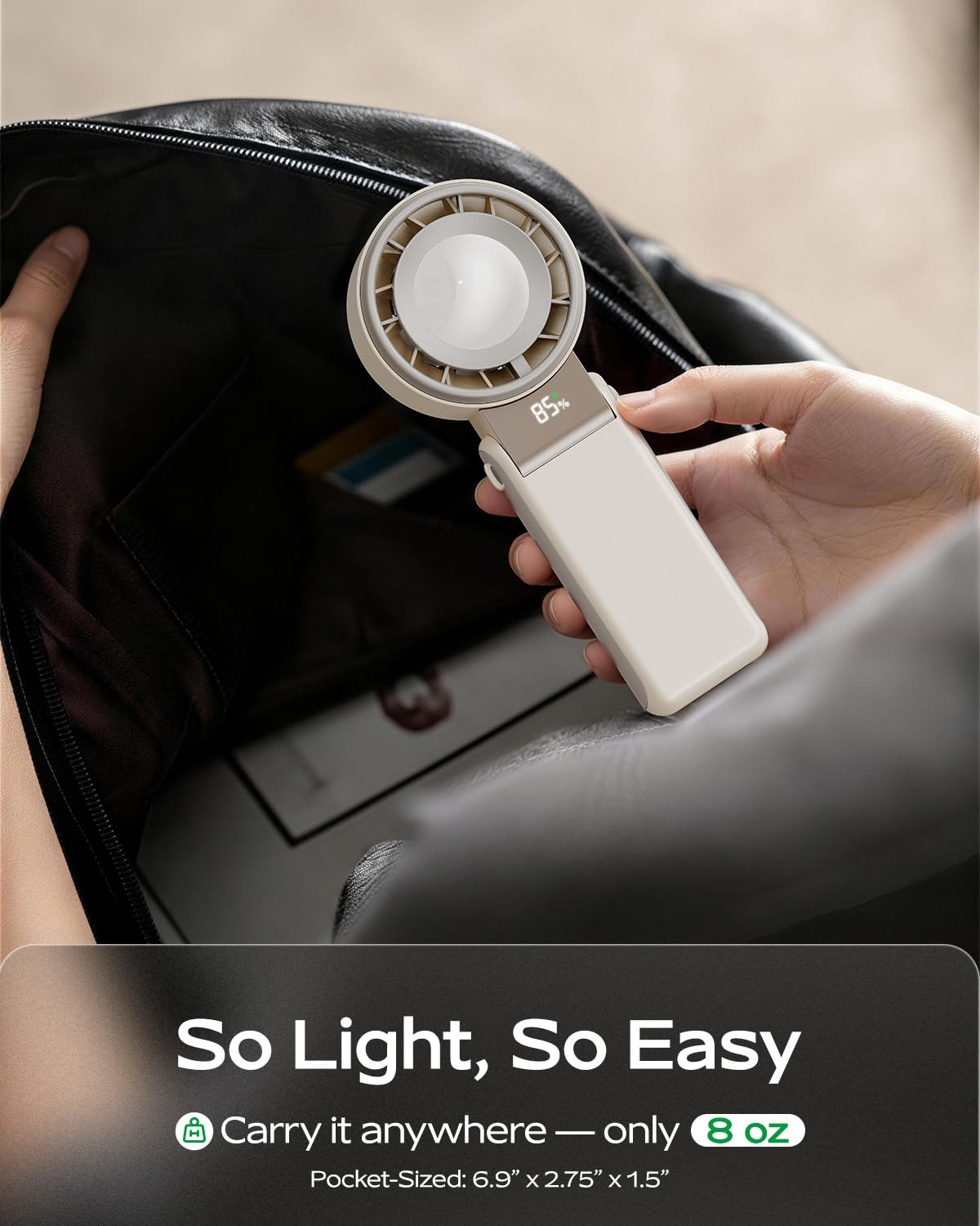 SHEWIND cream fan fits in bag for travel adventures
