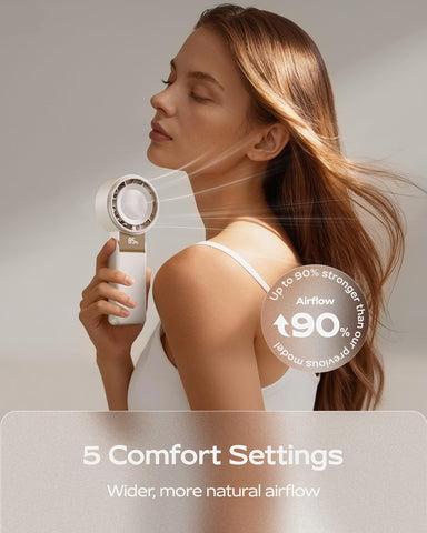 SHEWIND cream fan worn around the neck for hands-free cooling