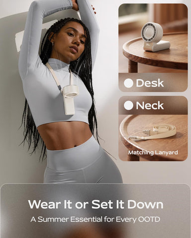 SHEWIND cream fan charges via USB-C for quick power top-ups