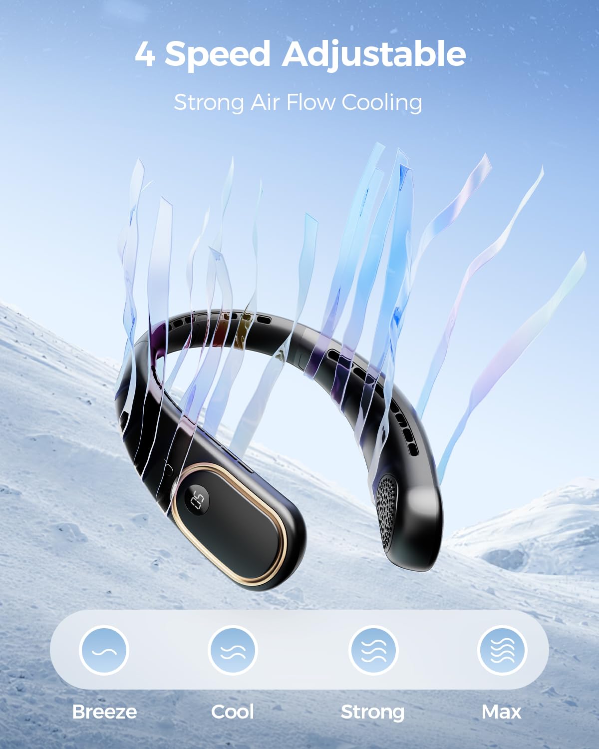 SHEWIND LED display on neck fan shows battery and runtime at a glance
