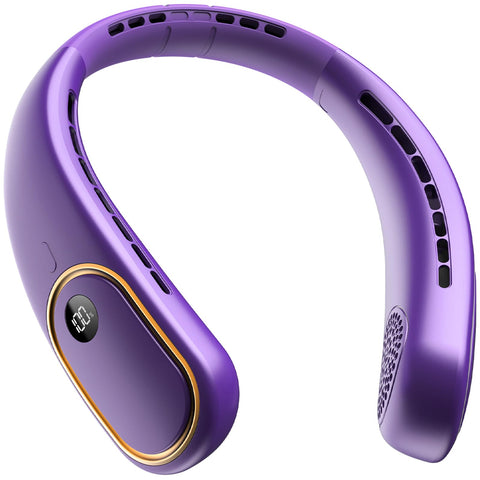 SHEWIND portable neck fan in purple, front view for hands-free cooling on travel.