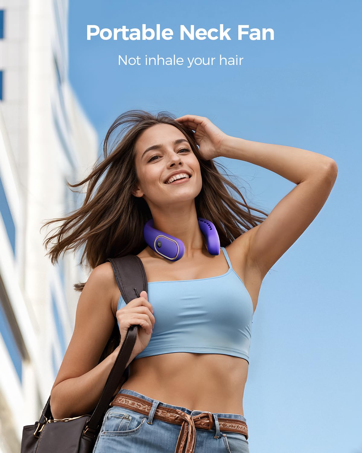 SHEWIND neck fan in purple, side view showing wearable comfort during outdoor activities.