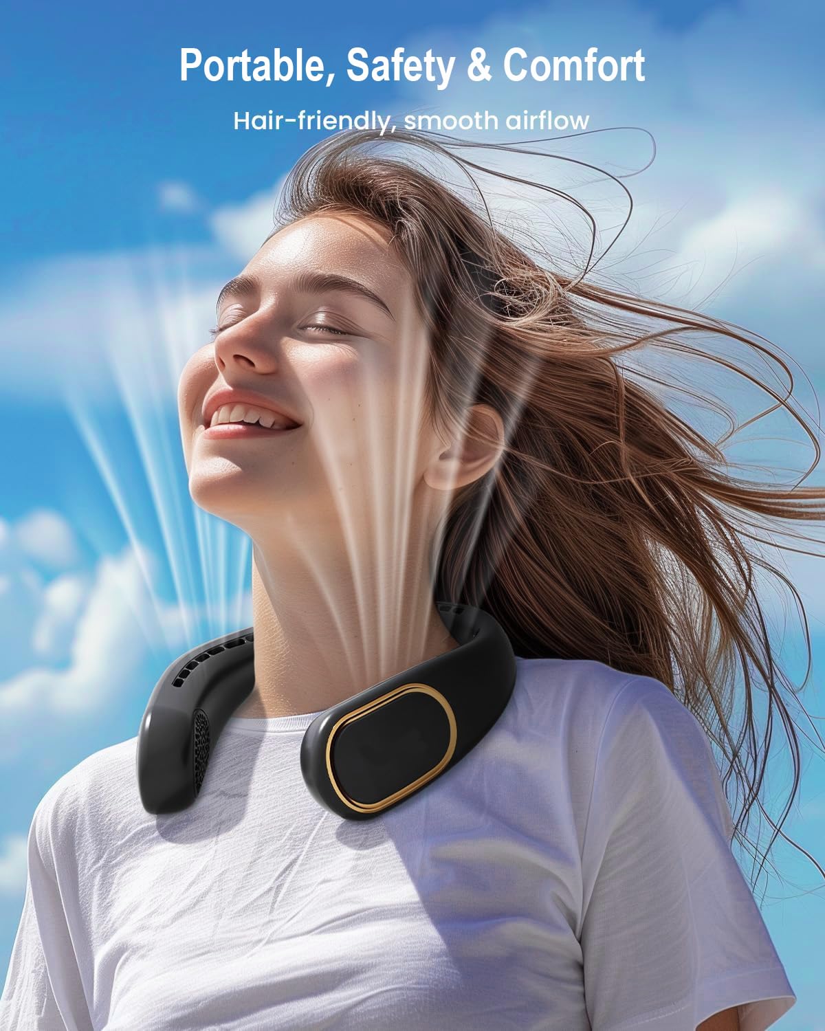 SHEWIND portable neck fan side view demonstrates hands-free cooling during travel