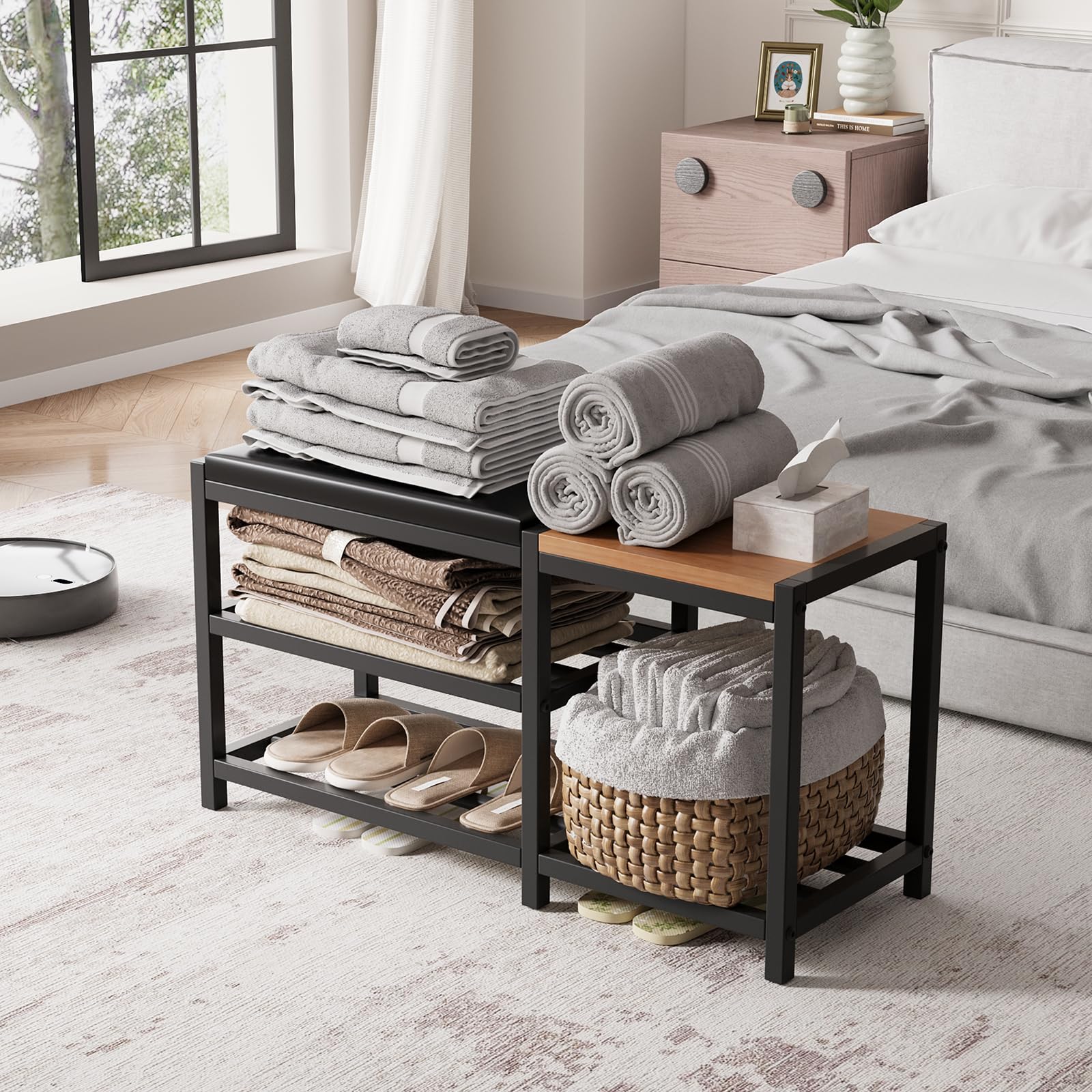 Cushioned seating on the SHGJYANDF shoe bench for comfortable changing.