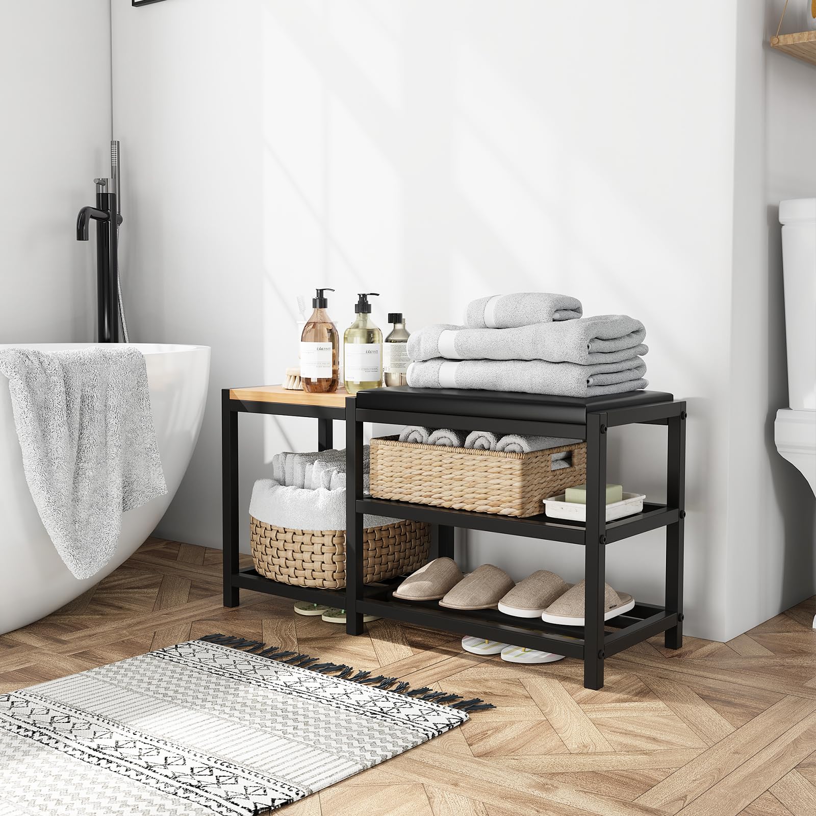 SHGJYANDF bench used in bathroom or entryway for versatile storage.