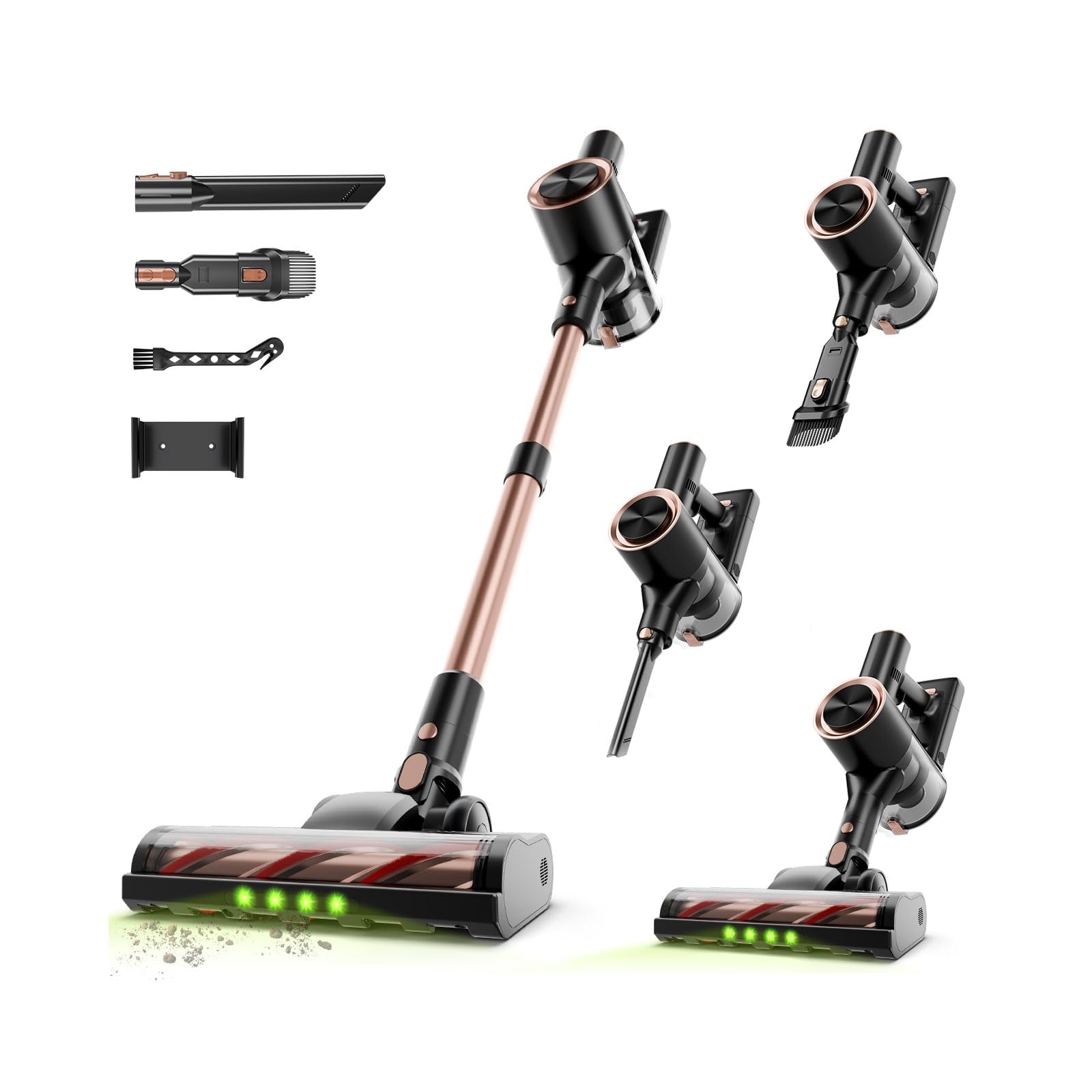 Shieal cordless vacuum with 45kPa suction powers deep cleaning on carpets and hard floors.