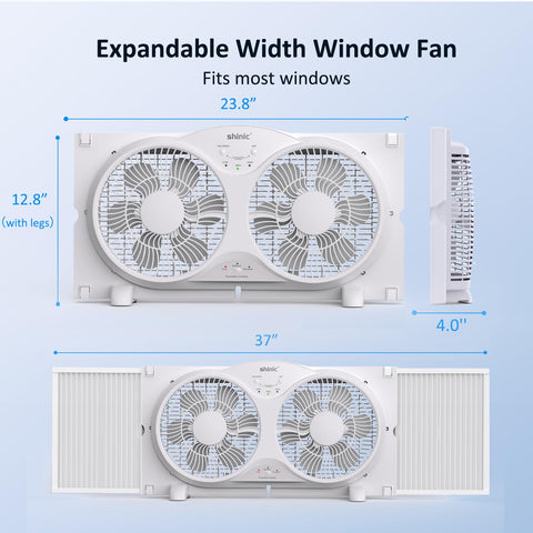 Shinic twin window fan showing reversible airflow for intake and exhaust
