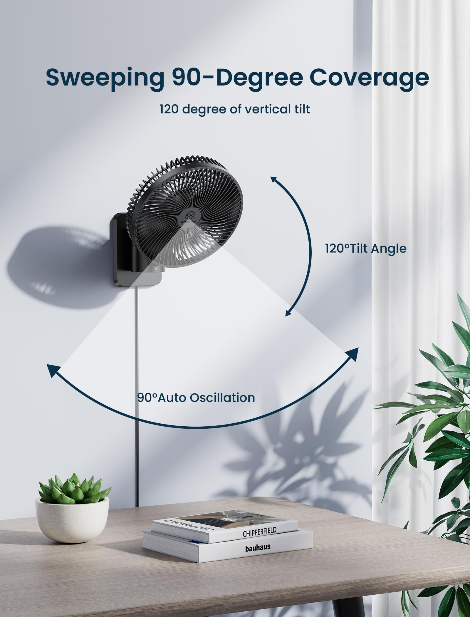 Shinebella oscillating wall fan with 90 and 120-degree swing for wide coverage.