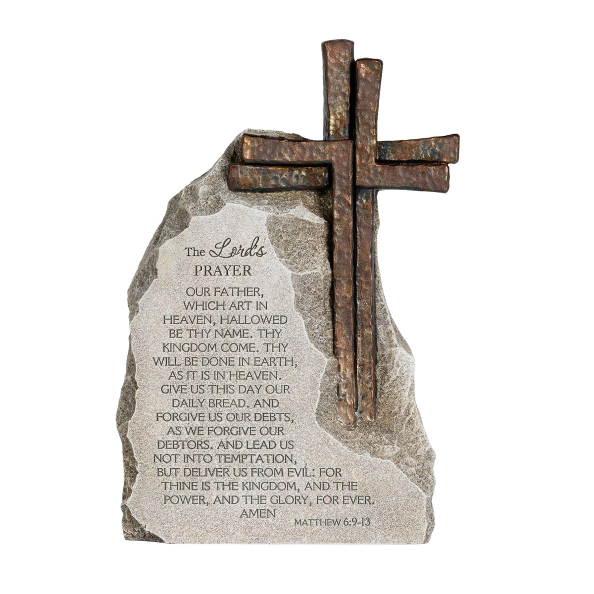 ShineOnAngel Lord's Prayer stone decor with bronze cross for elegant mantel display.