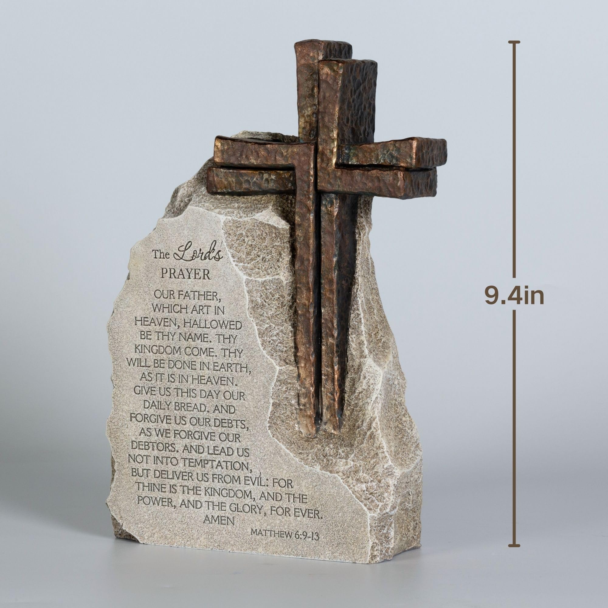 ShineOnAngel prayer stone close-up highlights bronze cross and weathered finish.